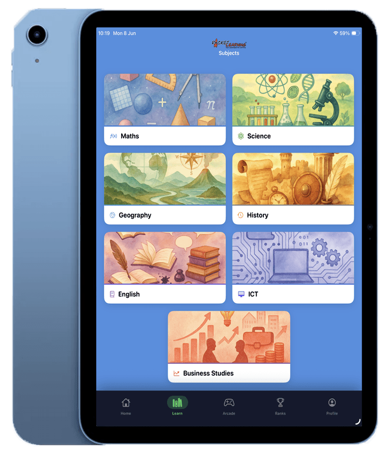 Rocket Learning app shown on a blue iPad — Subjects screen with Maths, Science, Geography, History, English, ICT and Business Studies tiles.